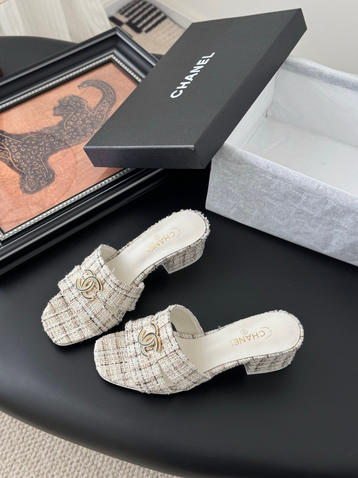 Chanel Women Cream Tweed Slides