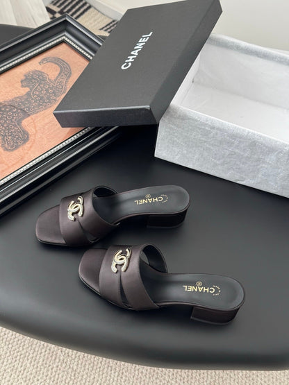 Chanel Women Dark Brown Satin Mules