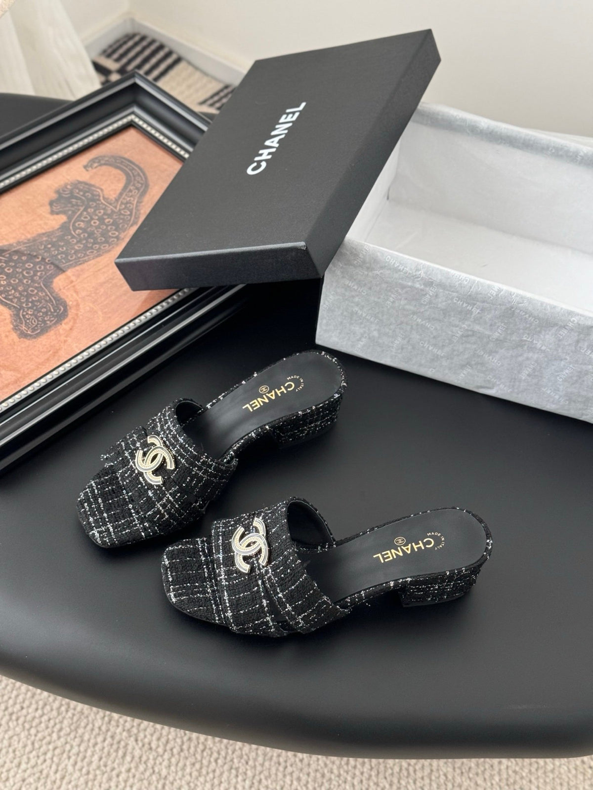 Chanel Women Black Tweed Mules