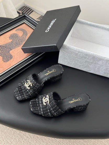Chanel Women Black Tweed Mules