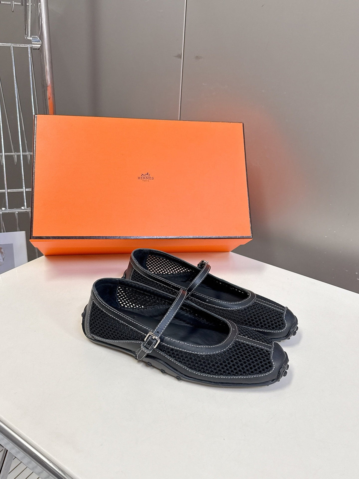 Hermes Women Black Mesh Leather Mary Janes