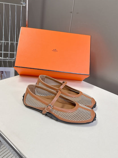Hermes Women Beige Leather Mesh Mary Jane Flats