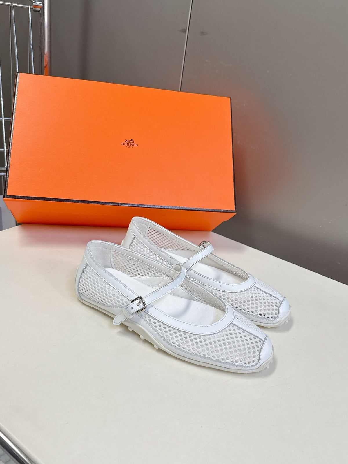 Hermes Women White Mesh Leather Mary Jane Flats