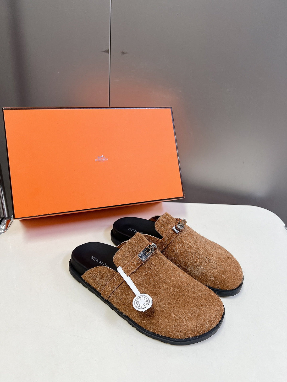 Hermes Women Brown Haircalf Leather Slippers