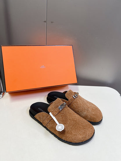 Hermes Women Brown Haircalf Leather Slippers