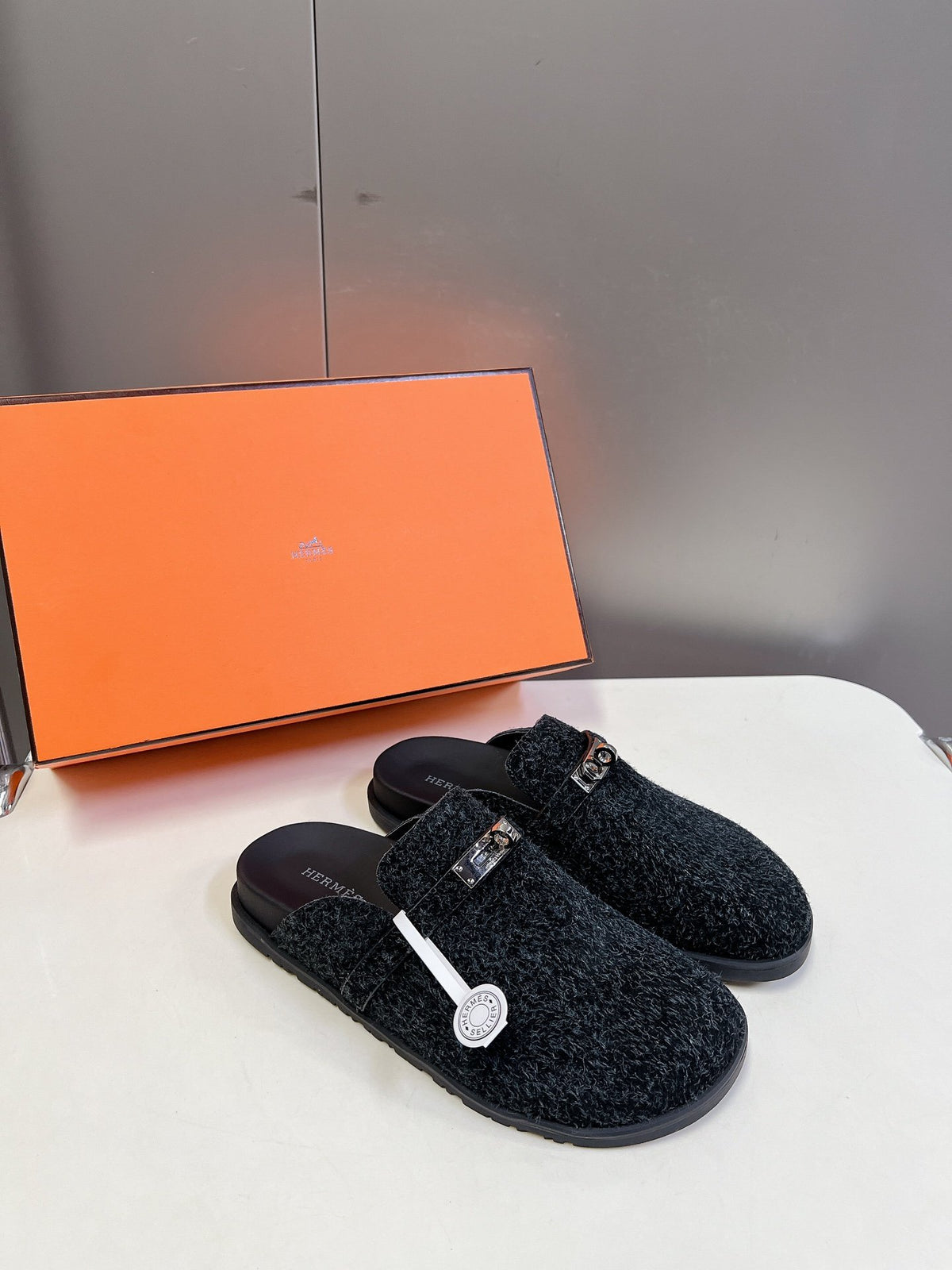 Hermes Women Black Fuzzy Fabric Mules