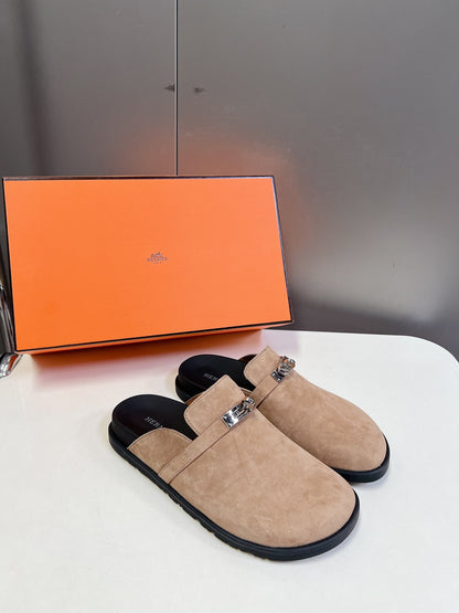 Hermes Women Beige Suede Leather Slippers