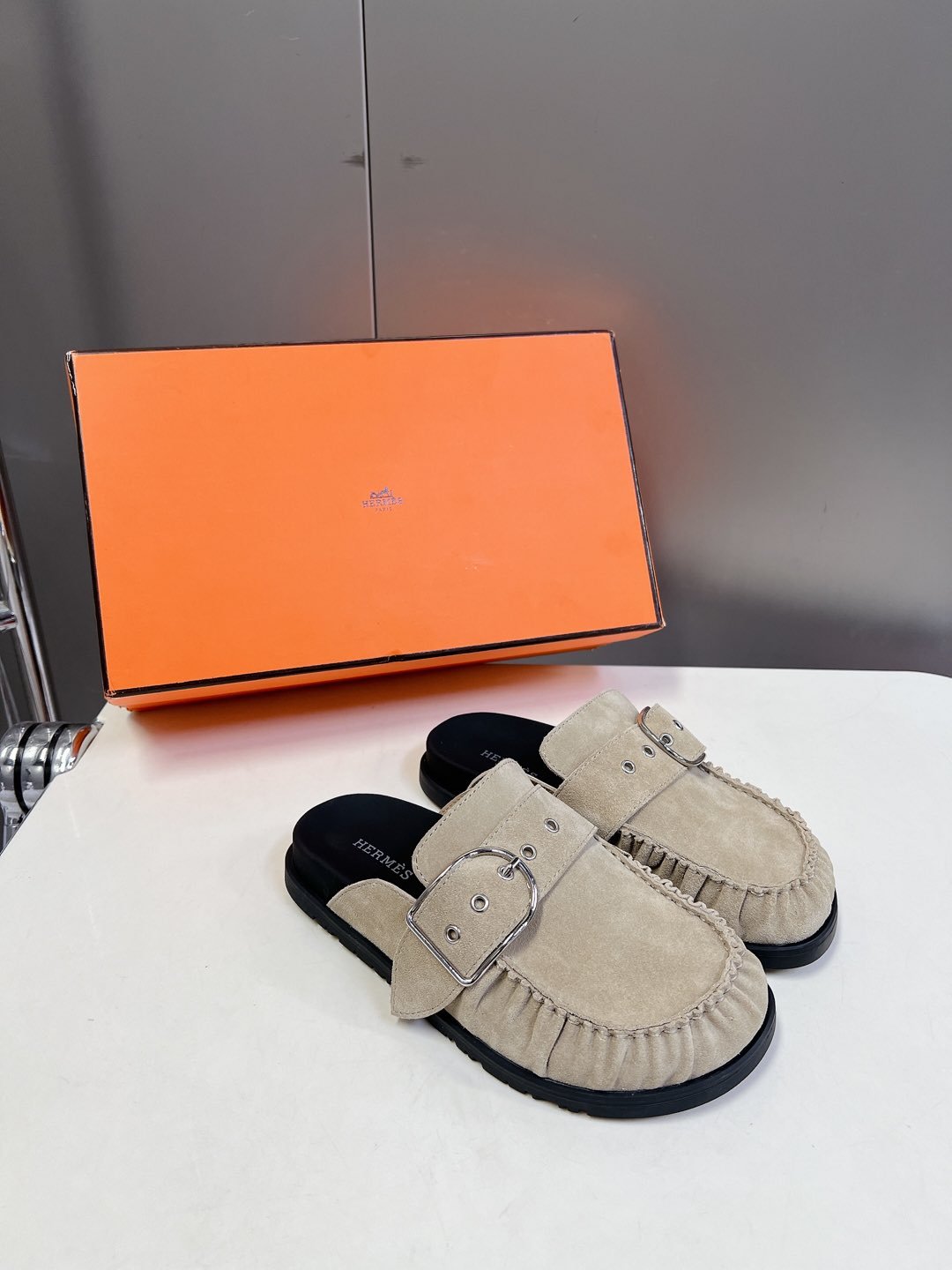 Hermes Women Beige Suede Buckle Mules