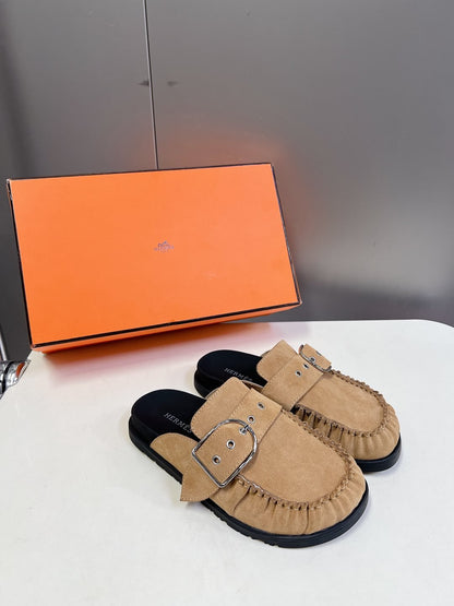 Hermes Women Beige Suede Buckle Mules