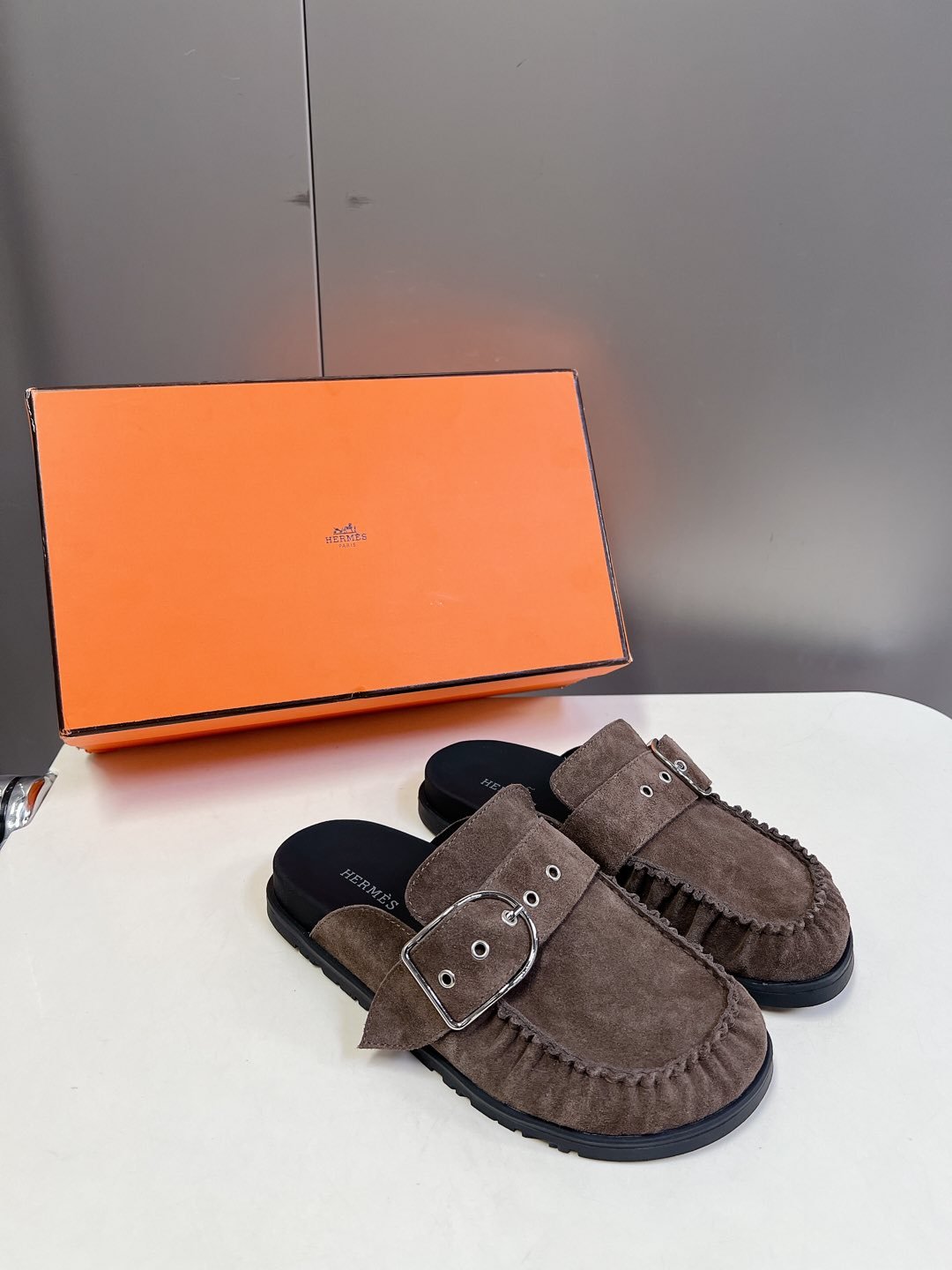 Hermes Women Brown Suede Buckle Mules