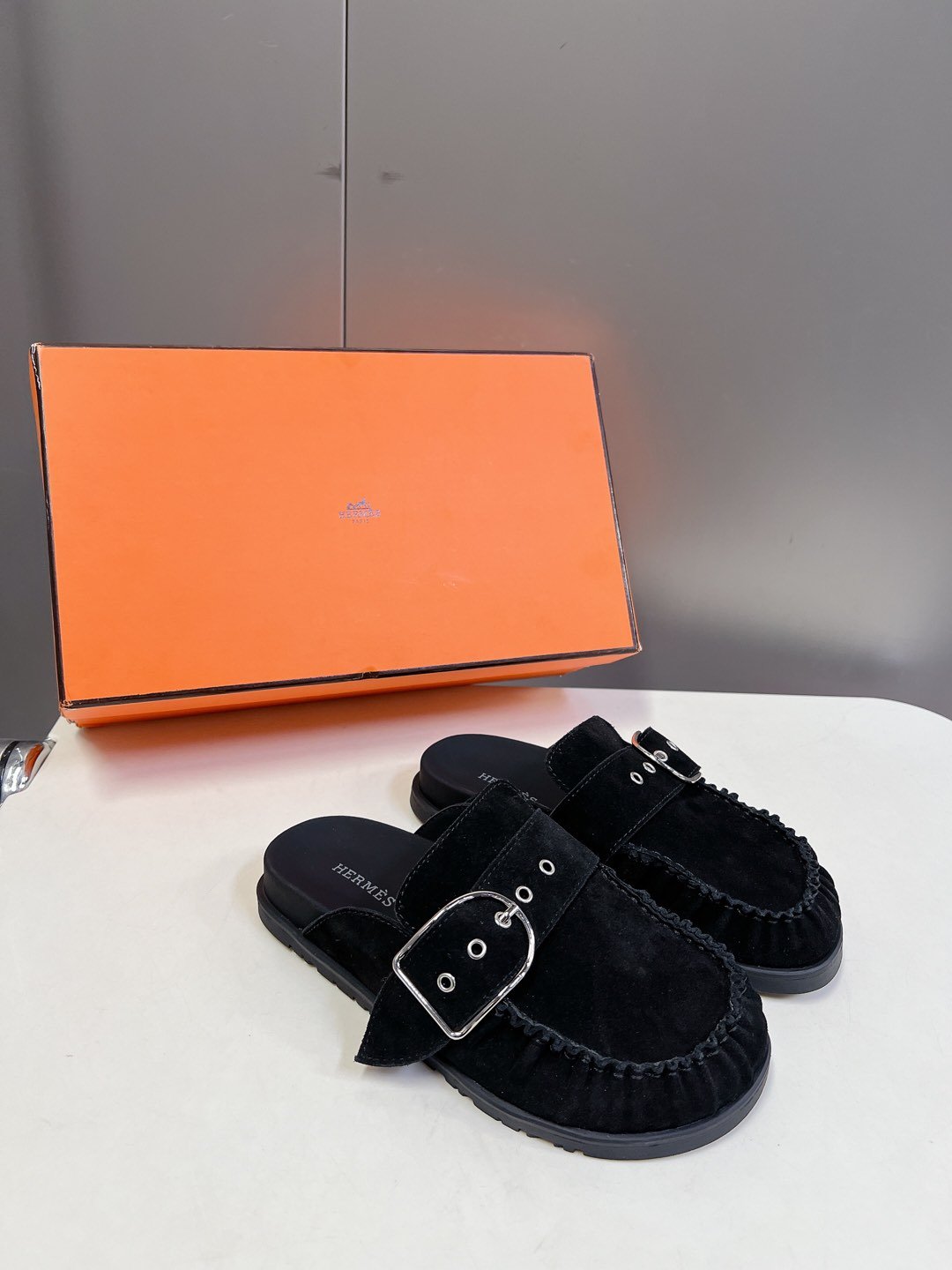 Hermes Women Black Suede Buckle Mules