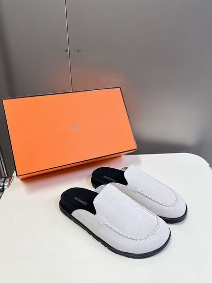 Hermes Women White Suede Leather Slippers