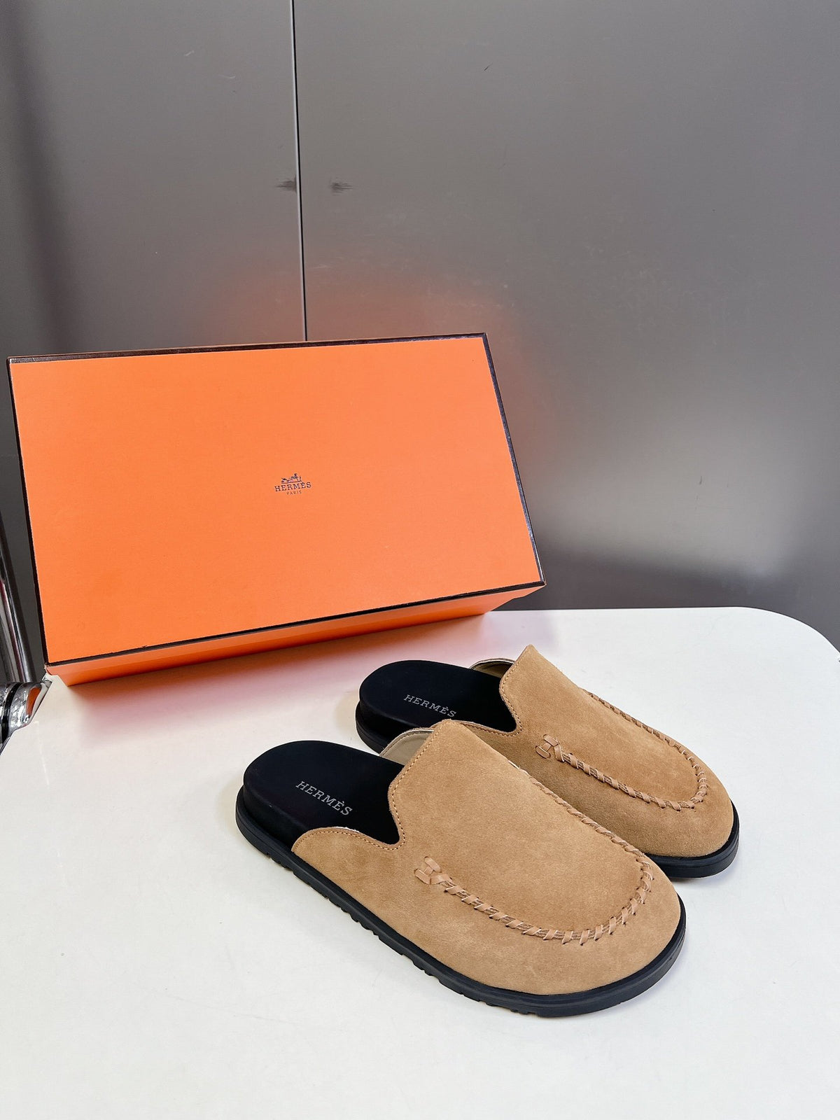 Hermes Women Tan Suede Slip On Mules