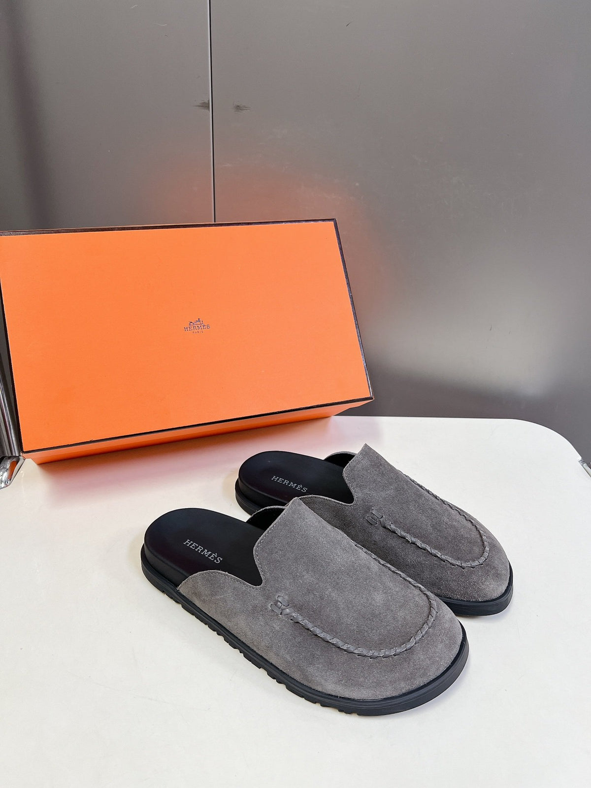 Hermes Women Gray Suede Slip-On Loafers