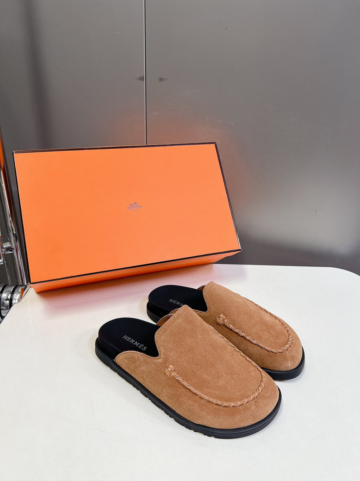 Hermes Women Tan Suede Slippers