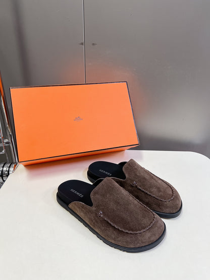 Hermes Women Brown Suede Slippers