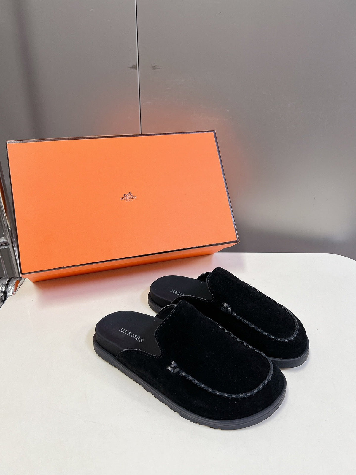 Hermes Women Black Suede Slippers