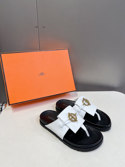 Hermes Women White Leather Black Sole Sandals