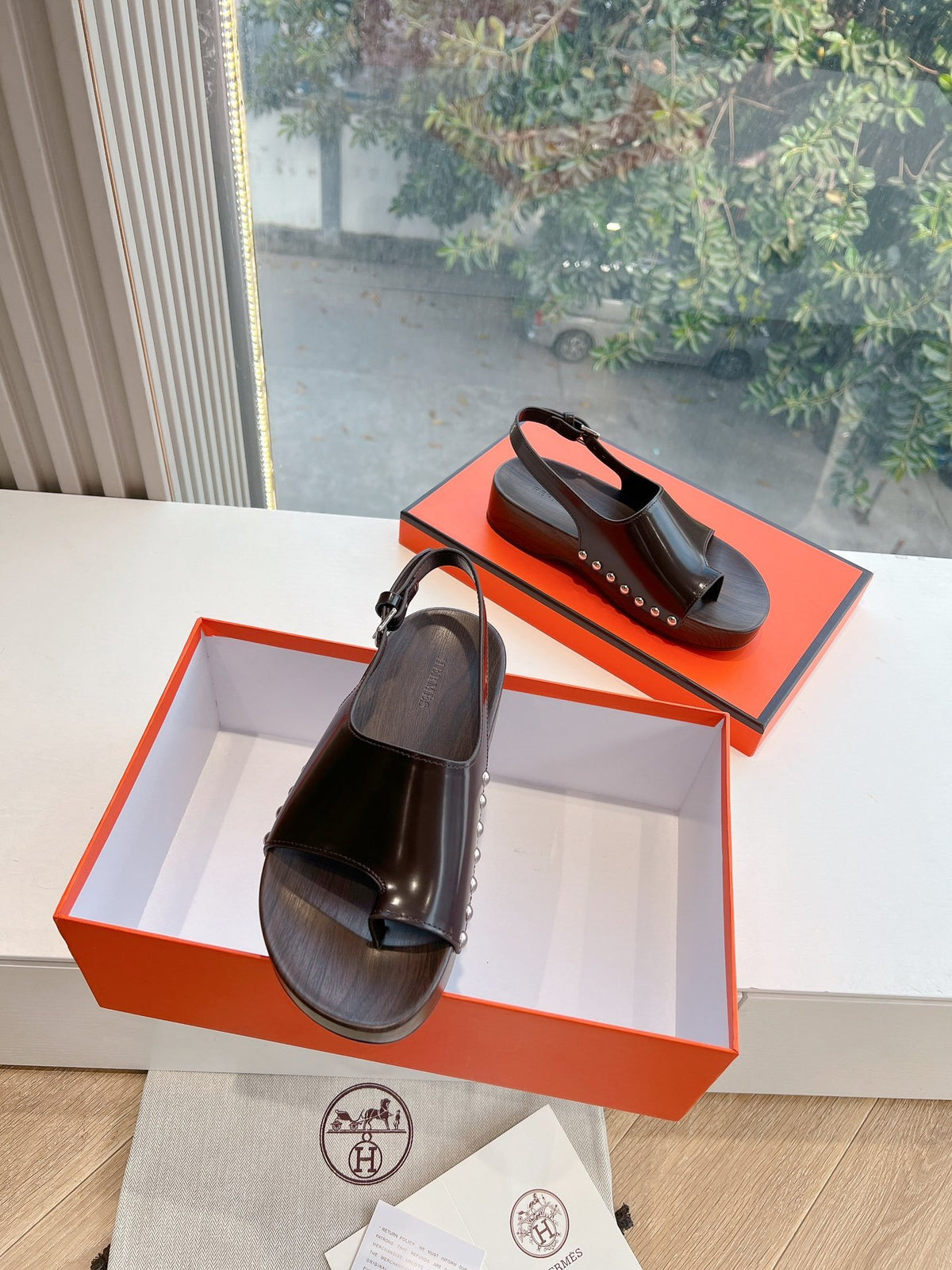 Hermes Women Dark Brown Leather Slingback Sandals