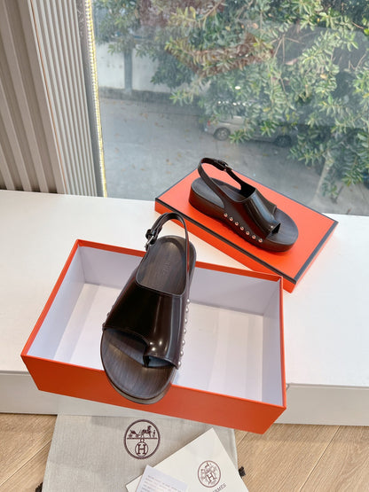 Hermes Women Dark Brown Leather Slingback Sandals