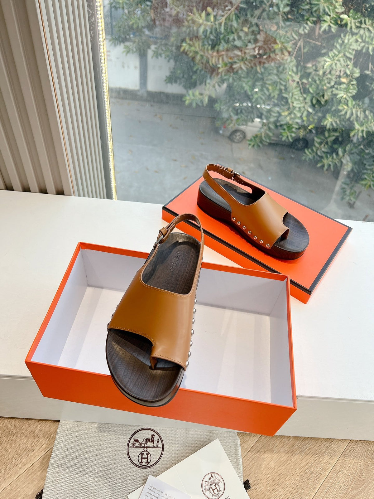 Hermes Women Brown Leather Slingback Sandals