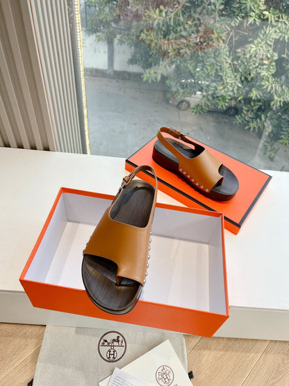 Hermes Women Brown Leather Slingback Sandals