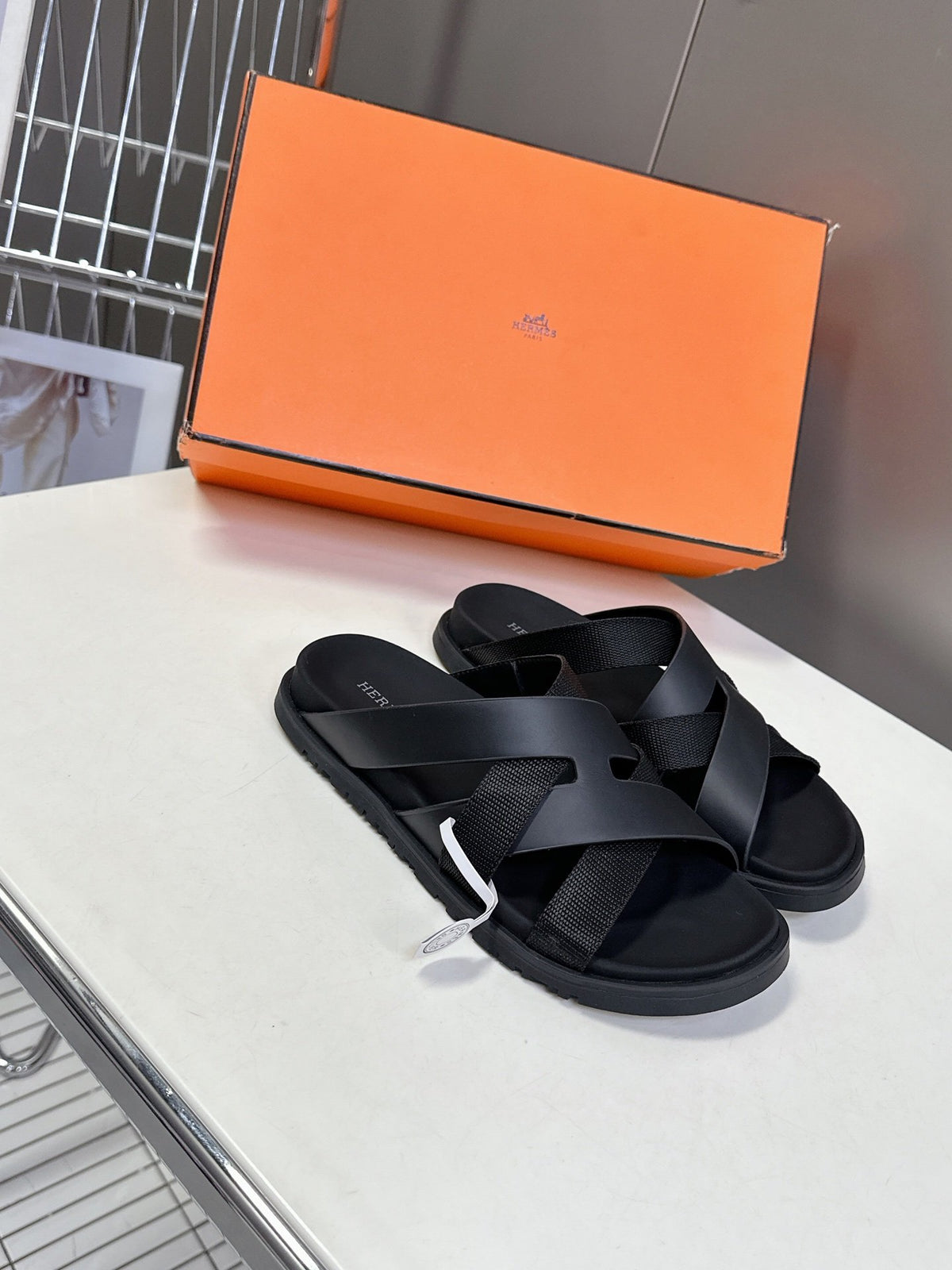 Hermes Women Black Leather And Fabric Sandals
