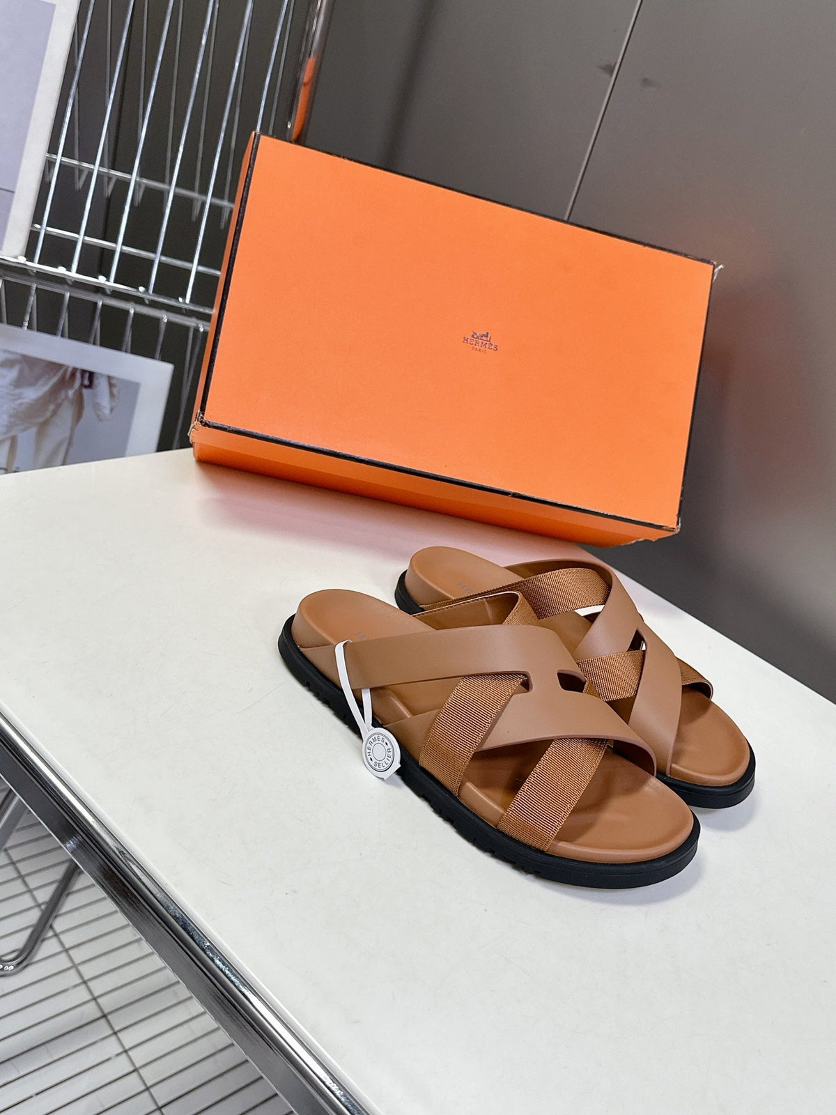 Hermes Women Tan Leather And Fabric Sandals