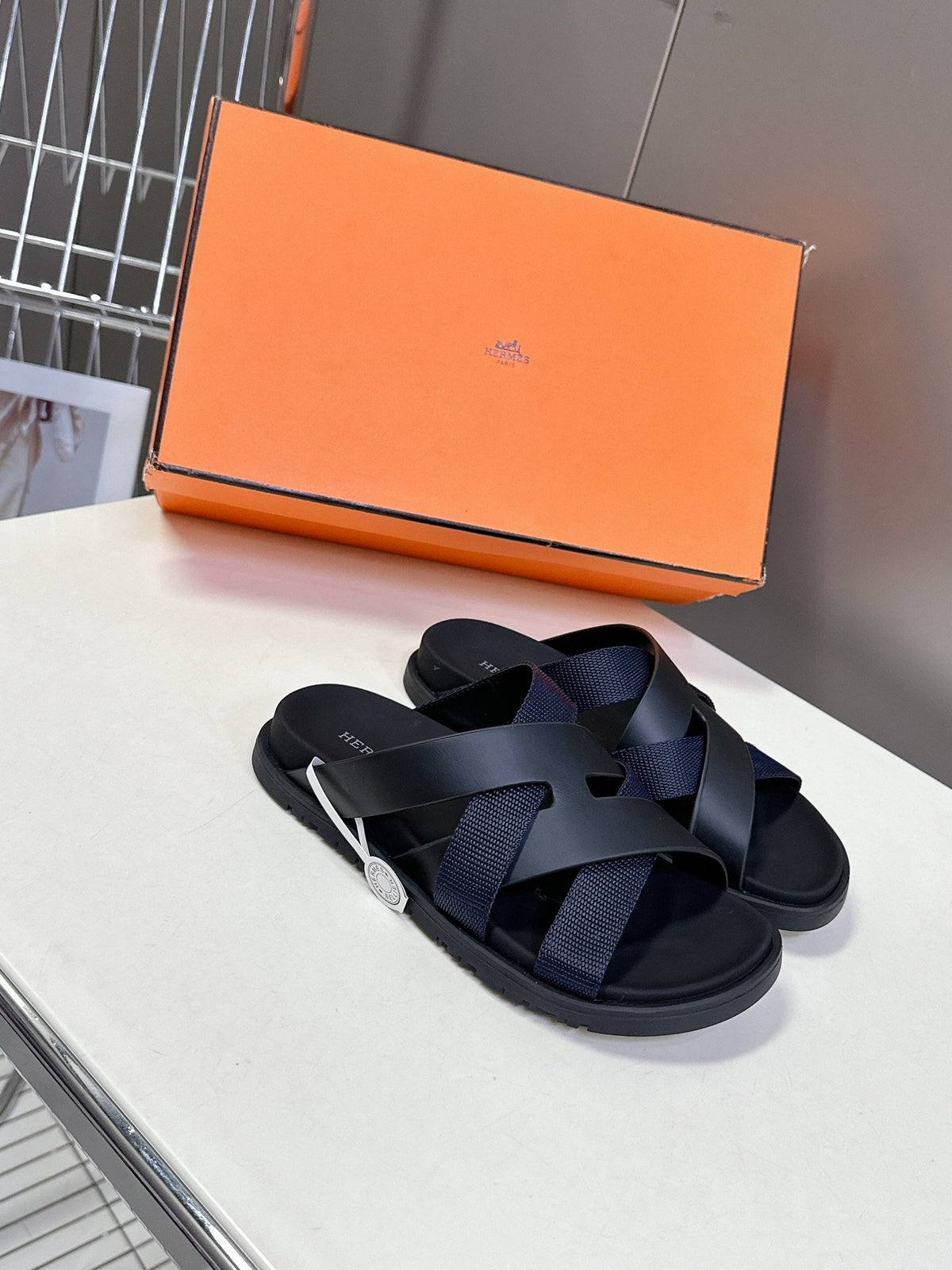 Hermes Women Navy Blue Leather And Fabric Sandals