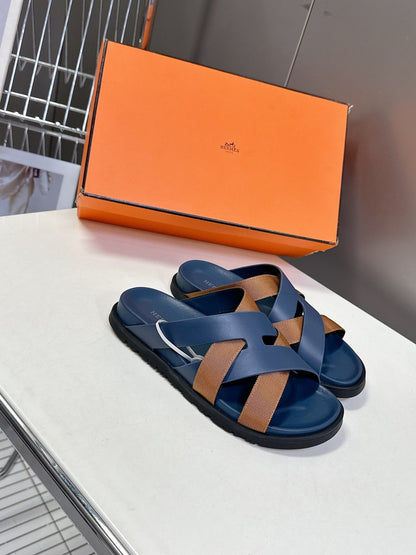 Hermes Women Navy Blue Leather And Brown Sandals
