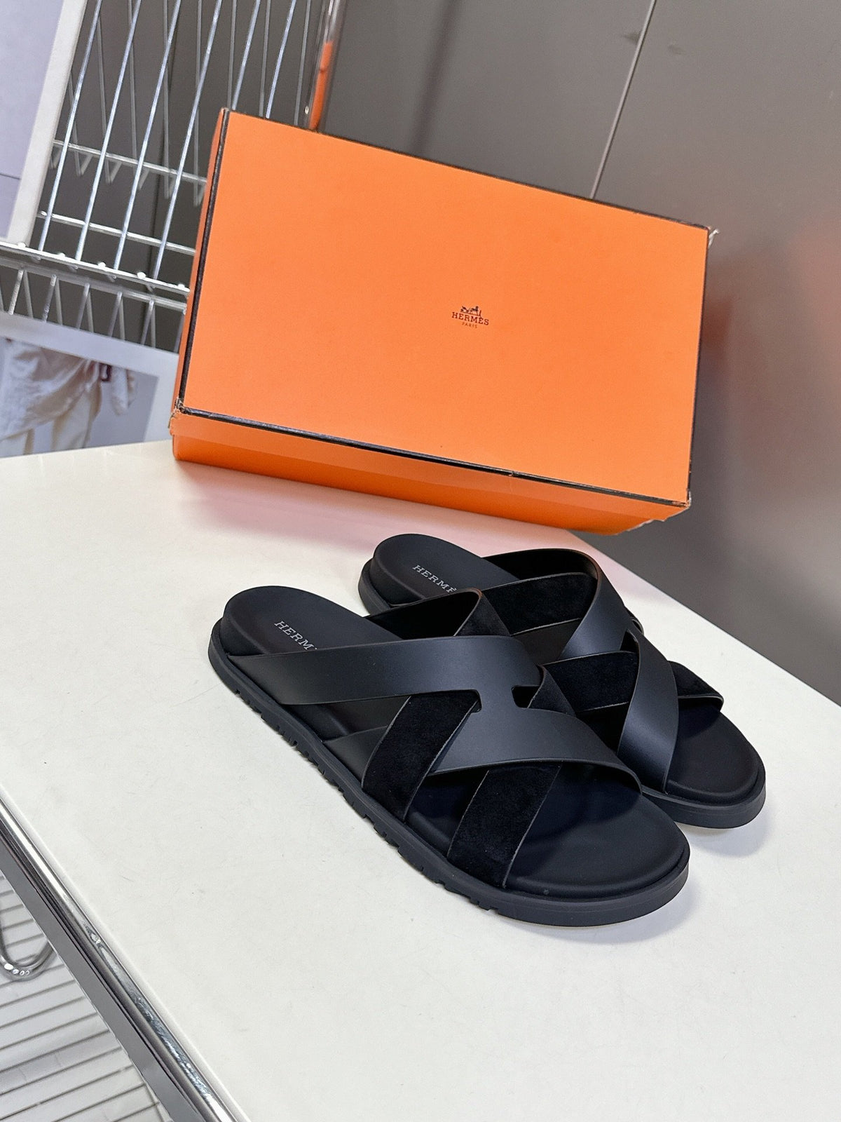 Hermes Women Black Leather Suede Sandals