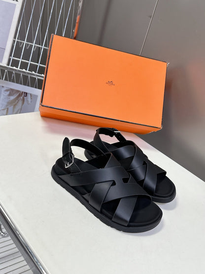 Hermes Women Black Leather Strappy Sandals
