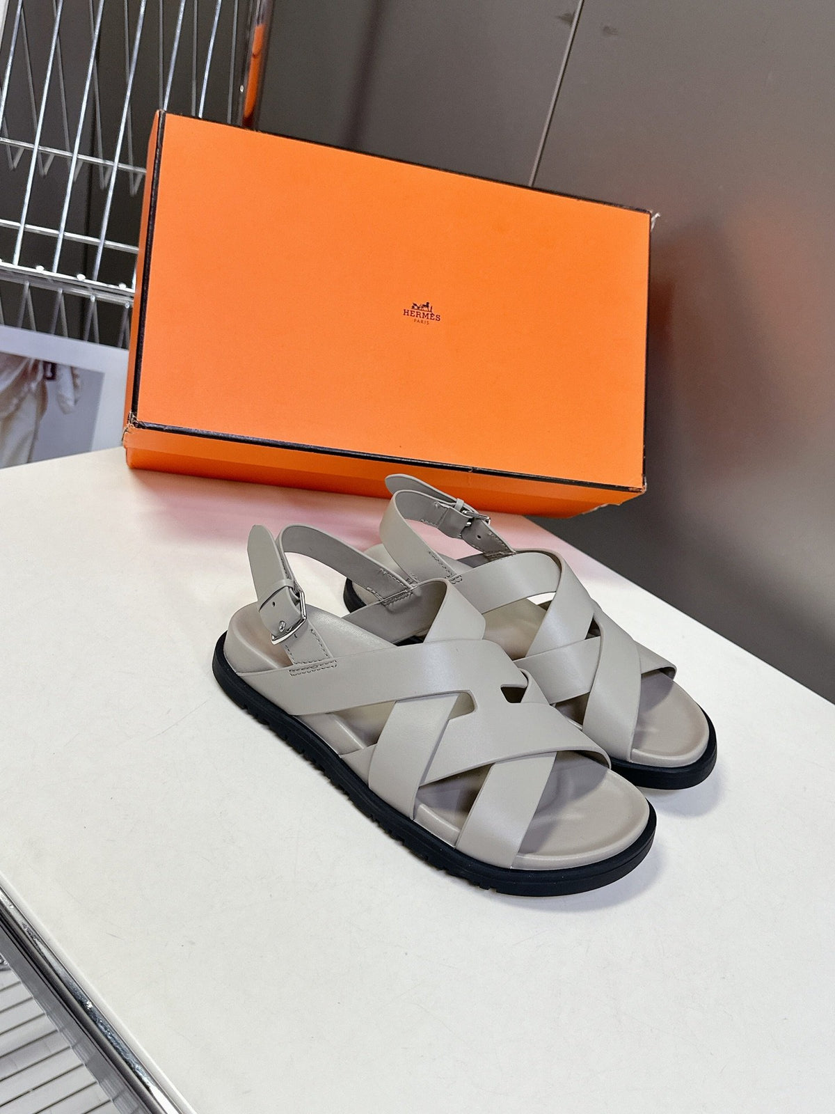 Hermes Women Light Gray Leather Sandals