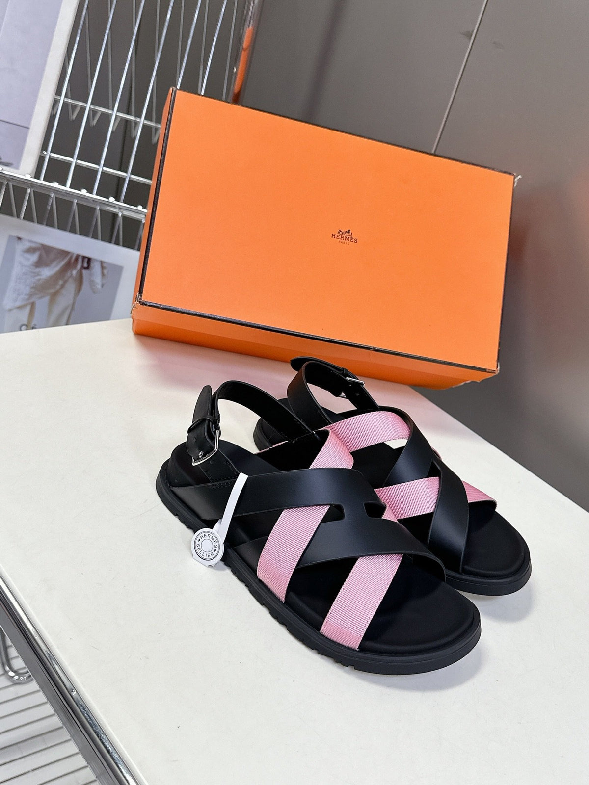 Hermes Women Black Pink Leather Strappy Sandals