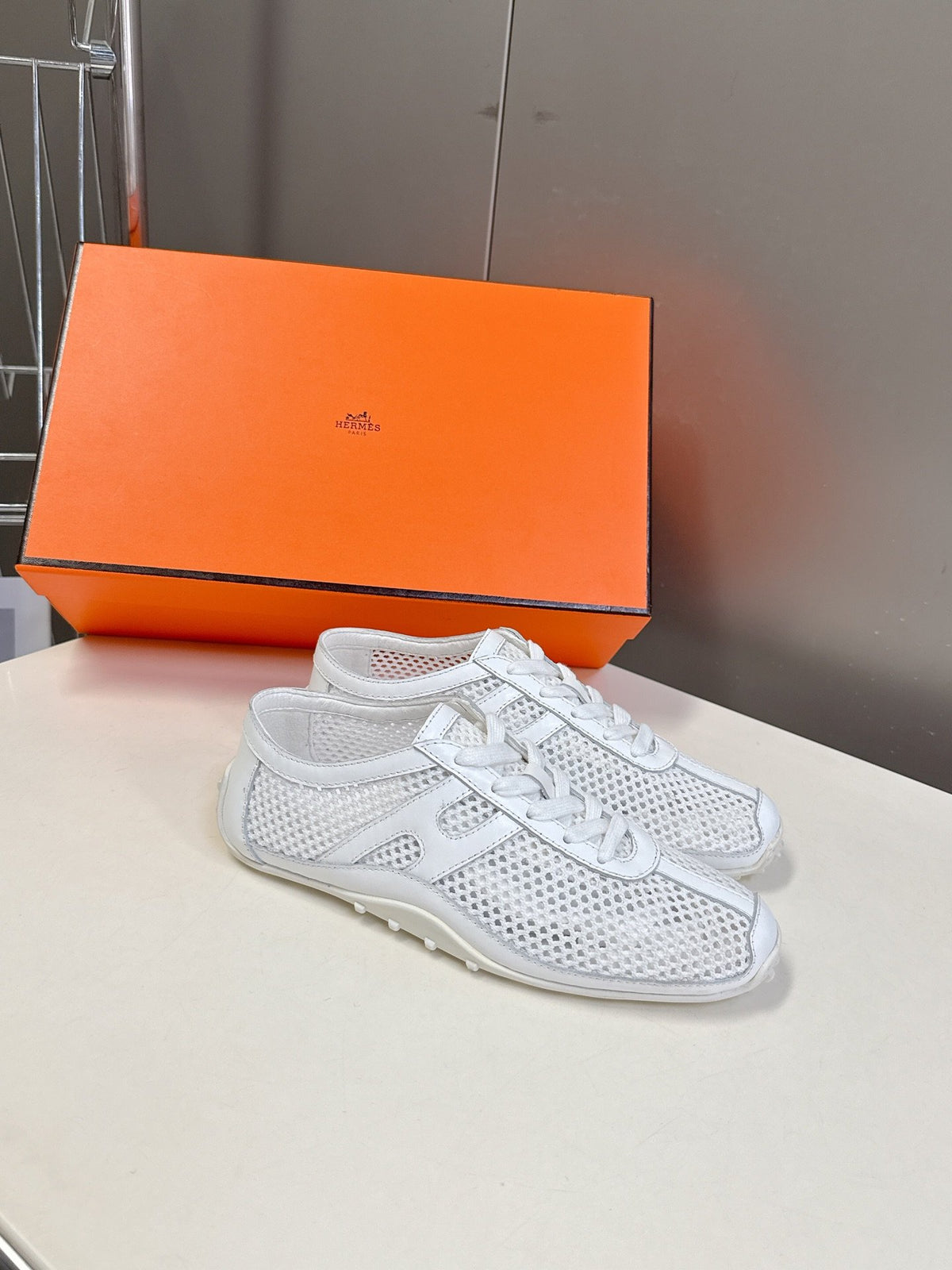 Hermes Women White Mesh Leather Sneakers