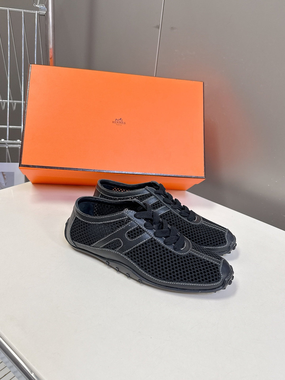 Hermes Women Black Mesh Leather Sneakers