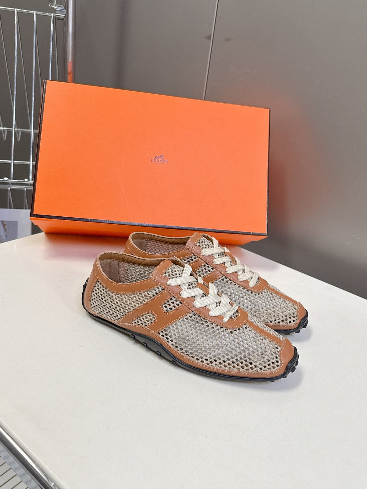 Hermes Women Beige Mesh And Tan Leather Sneakers