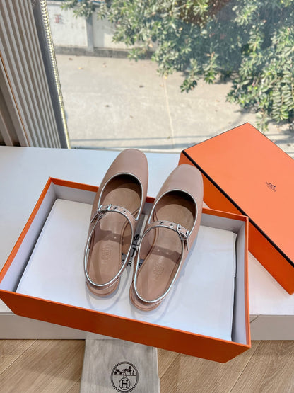 Hermes Women Beige Leather Mary Jane Flats