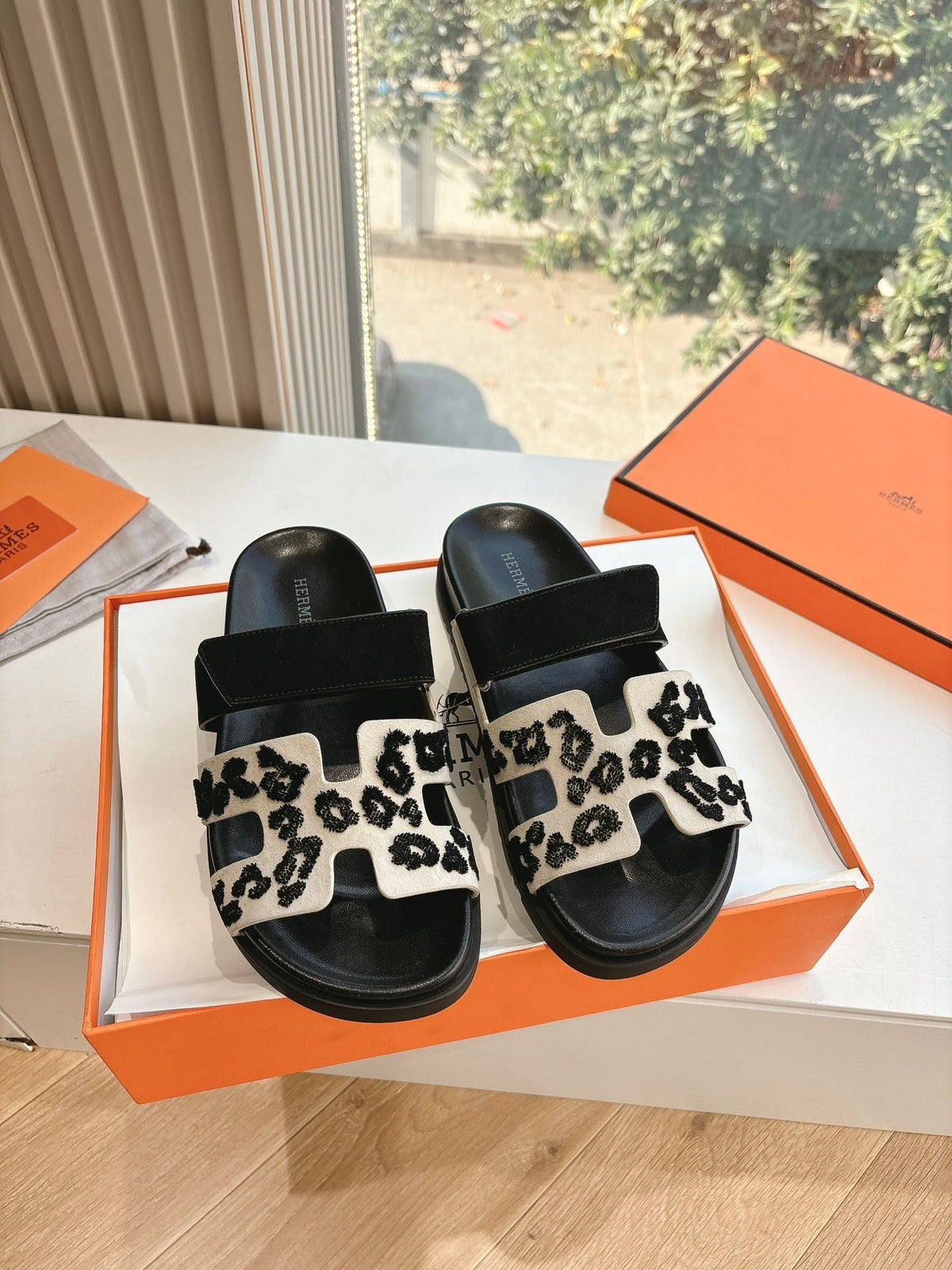 Hermes Women Black Suede And Leopard Print Sandals