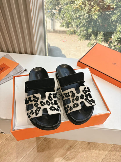Hermes Women Black Suede And Leopard Print Sandals