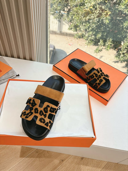 Hermes Women Tan Suede Leopard Print Slippers