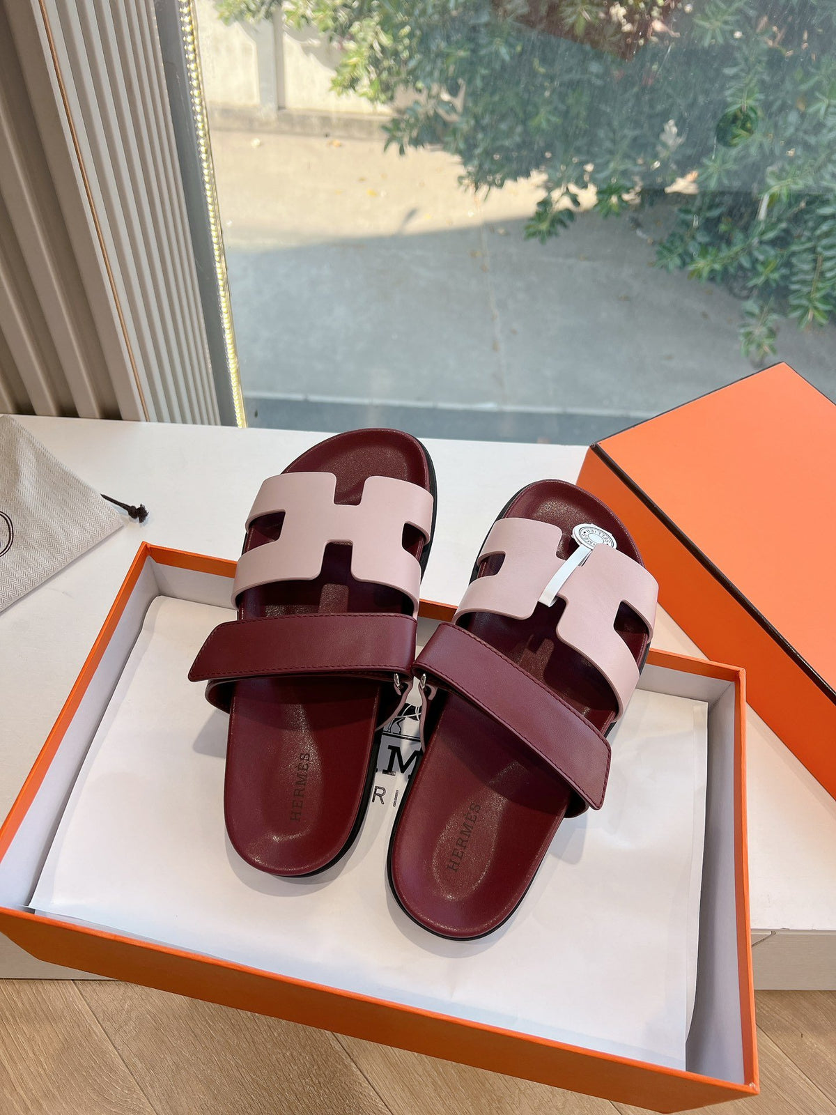 Hermes Women Burgundy Leather Pink Accent Sandals