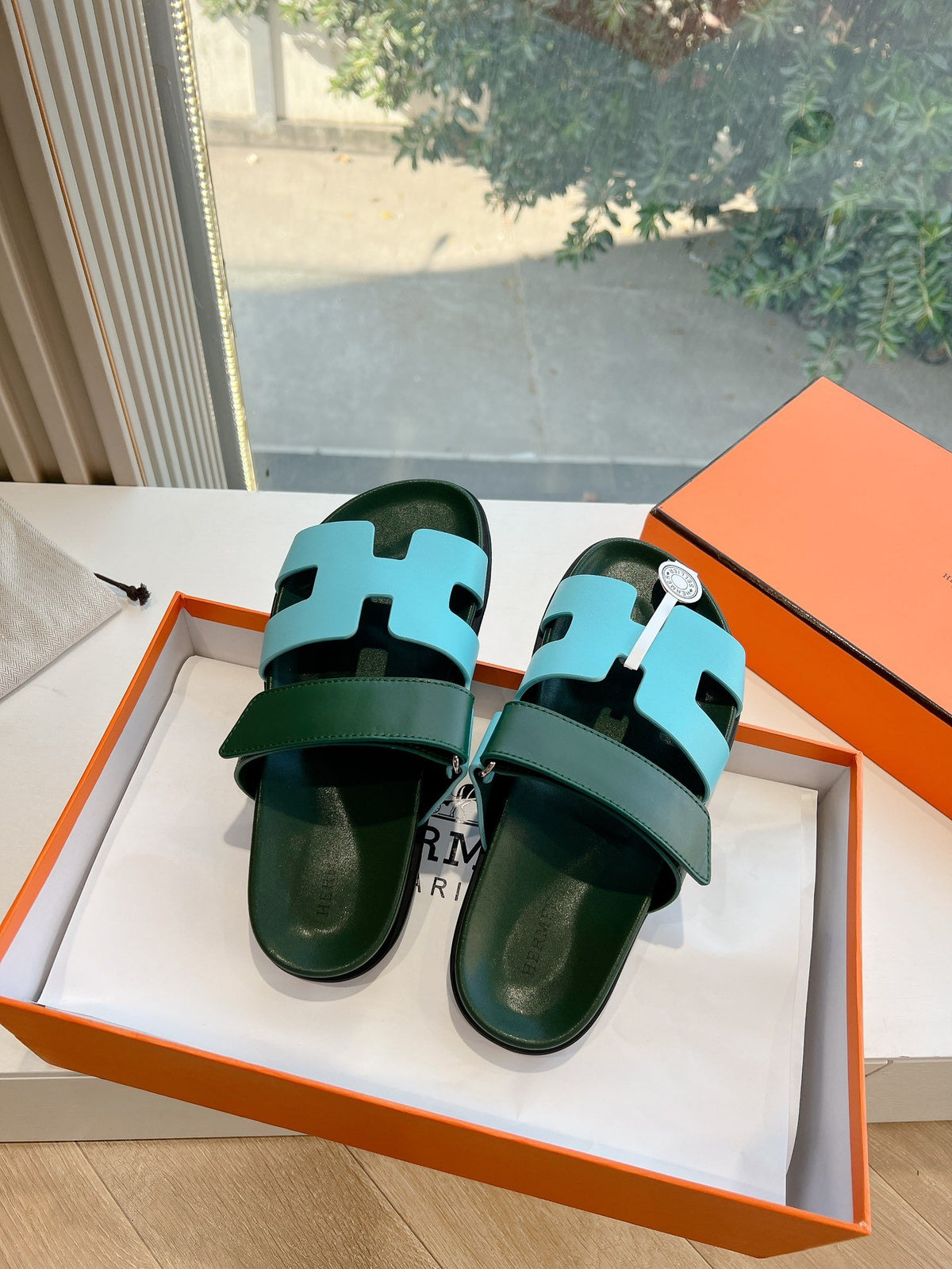 Hermes Women Green Leather Blue Sandals