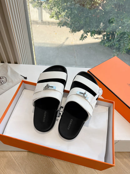 Hermes Women White Leather Straps Flat Sandals
