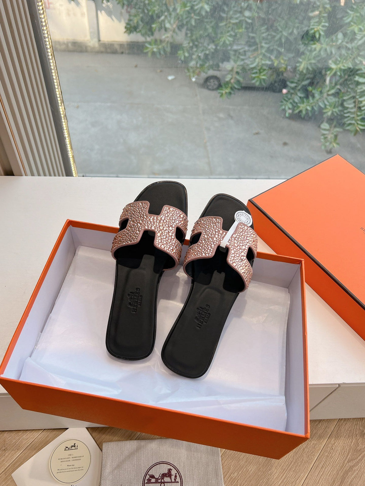 Hermes Women Rose Gold Crystal Leather Sandals