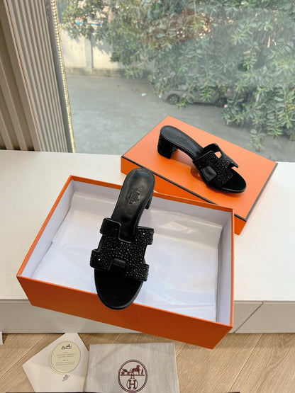 Hermes Women Black Embellished Leather Mules