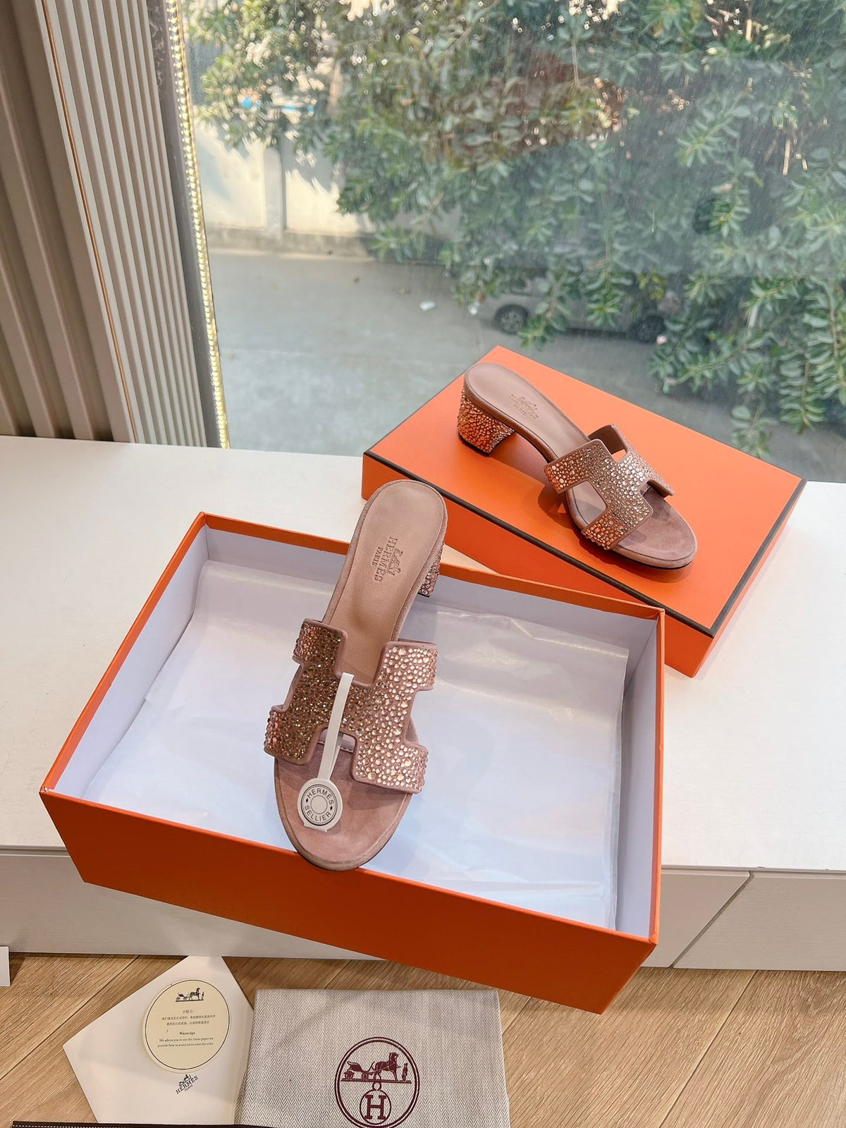 Hermes Women Pink Suede Crystal-Embellished Mules