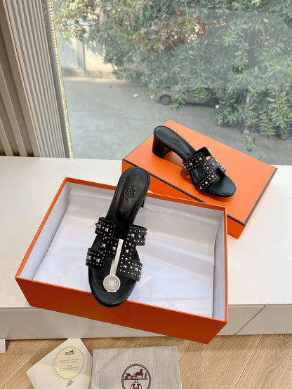 Hermes Women Black Leather Studded Mules