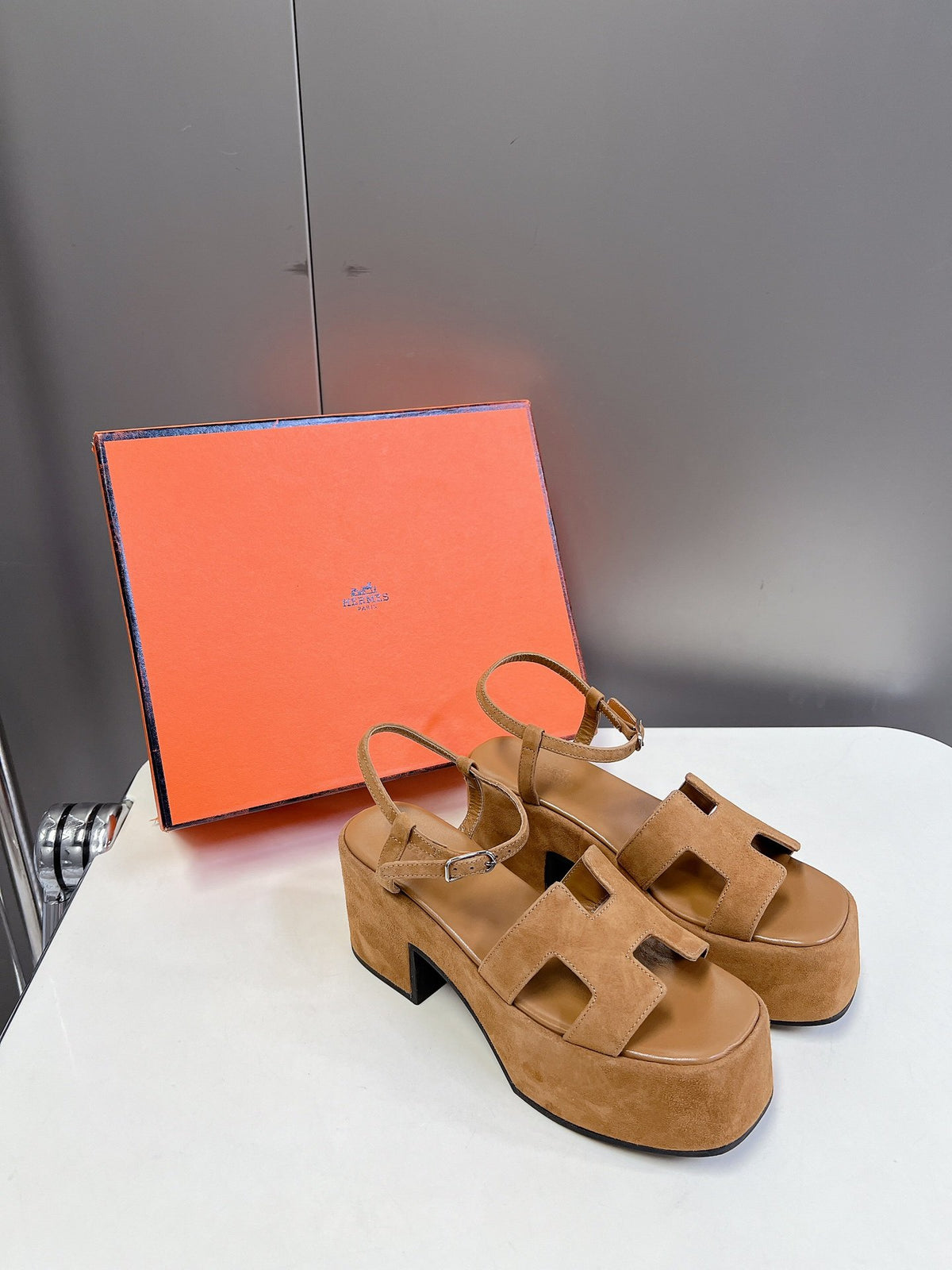 Hermes Women Tan Suede Platform Sandals