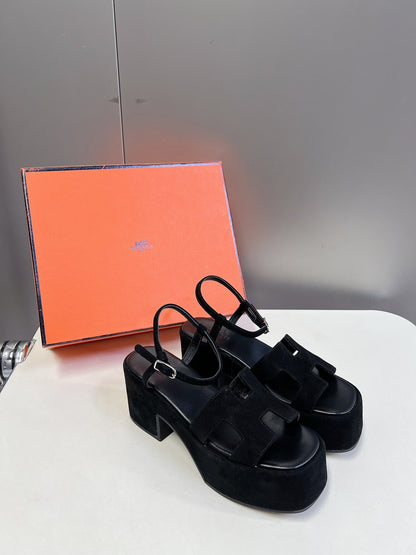 Hermes Women Black Suede Slingback Sandals